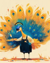 Animated painter peacock with a palette and brush, creating a colorful mural on a city wall, feathers spread magnificently against a bright sky , monochromatic charming shiny line rough doodling