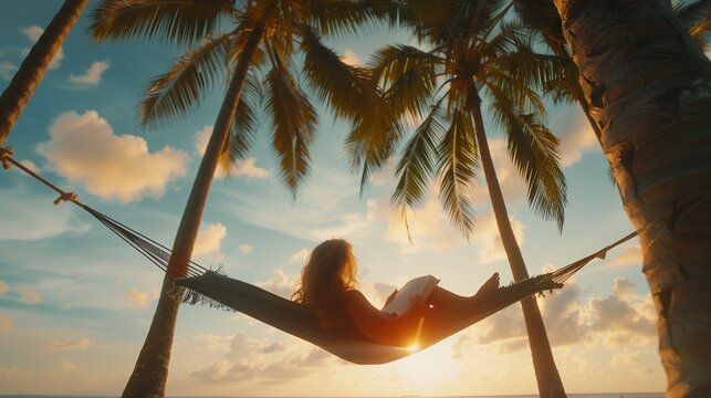 A woman reading a book in a hammock strung between palm trees.