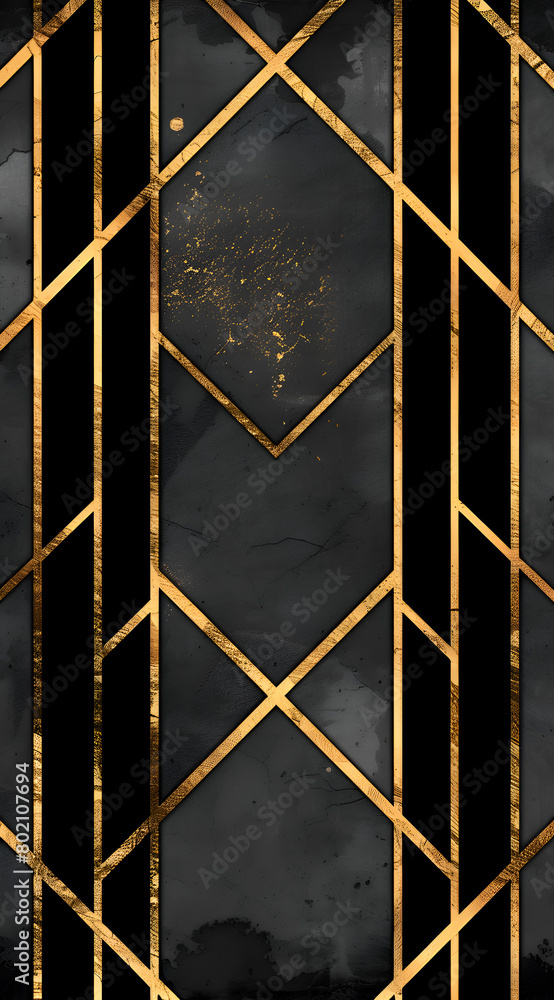 Poster a black and gold design with a gold border. the design is made up of triangles and squares. generati