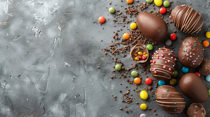 Composition with chocolate Easter eggs and colorful  - Powered by Adobe
