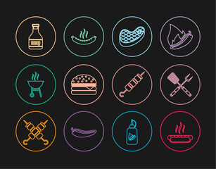 Set line Hotdog sandwich, Crossed fork spatula, Steak meat, Burger, Barbecue grill, Ketchup bottle, Grilled shish kebab and Sausage icon. Vector