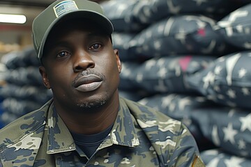 Military Man Standing in Front of Stacks of Shirts - obrazy, fototapety, plakaty