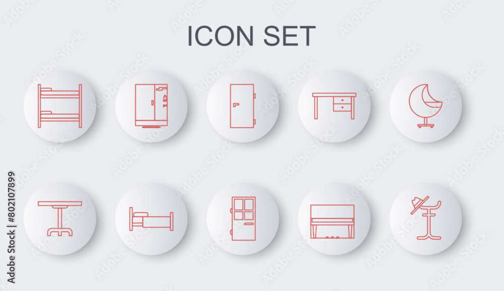 Canvas Prints Set line Coat stand, Round table, Closed door, Grand piano, Bunk bed, Shower cabin, Bed and icon. Vector