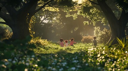 Children playing hide and seek among the trees in a lush garden.