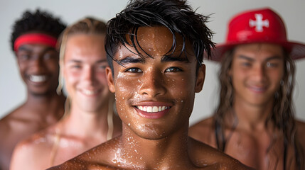 Diverse Lifeguards Engaged in Different Actions, To showcase the diversity and professionalism of lifeguards from different ethnicities and