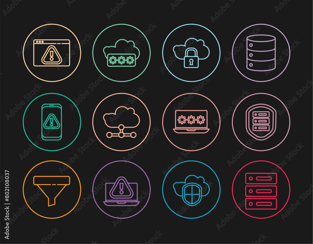 Poster set line server, data, web hosting, with shield, cloud computing lock, network cloud connection, mob