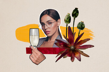 Composite photo collage of serious brunette girl hold champagne glass toast flowers spring holiday celebrate isolated on painted background - Powered by Adobe