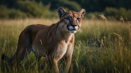 Obraz premium majestic female cougar on the hunt for some prey in high grass