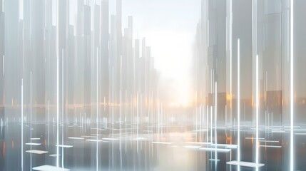 Abstract urban scenery with light streaks and reflections. Digital art concept showing a cityscape. Ideal for modern design use. Serene and dynamic. AI