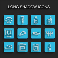 Set line Car mirror, Canister for motor oil, Speedometer, gasoline, spark plug, Timing belt kit, Gear shifter and icon. Vector