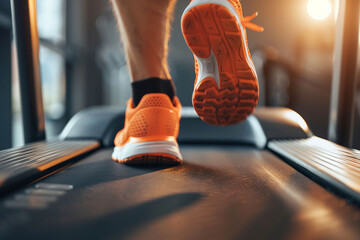 Close up of male legs running on a treadmill in the gym.