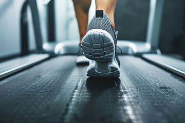 Running in the gym. Training in the gym. Close-up of a man's legs on a treadmill.