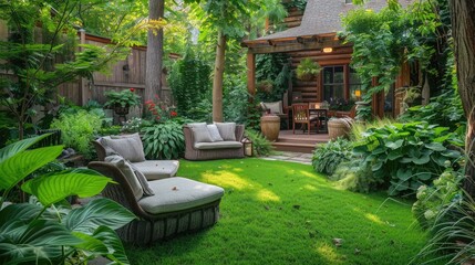 Backyard oasis with lush greenery and a cozy seating area, perfect for relaxation and outdoor enjoyment.