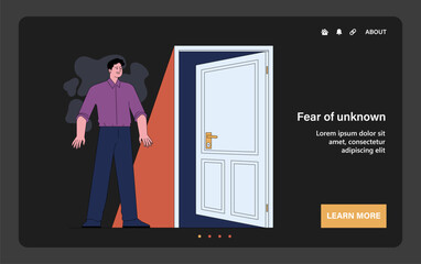 Fear of unknown. Terrified man standing by half open secret door. Person