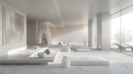 Minimalist Interior Monochromatic Scheme: A 3D visualization showcasing a minimalist interior with a monochromatic