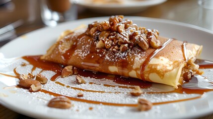 Delicious stuffed crepe with caramel and nuts on a plate. Perfect for dessert menus. Ideal for culinary websites. Mouth-watering and tempting. AI