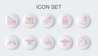 Set line Man smoking a cigarette, Broken, Electronic, No, Smoking, Disease lungs, and icon. Vector