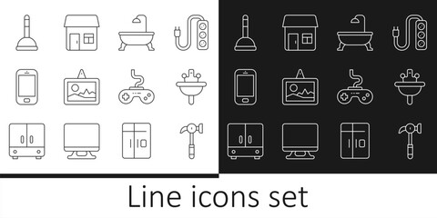 Set line Hammer, Washbasin, Bathtub, Picture, Mobile phone, Rubber plunger, Gamepad and House icon. Vector