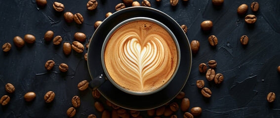 A cup of coffee with latte art in the shape of heart, surrounded by scattered beans on black...