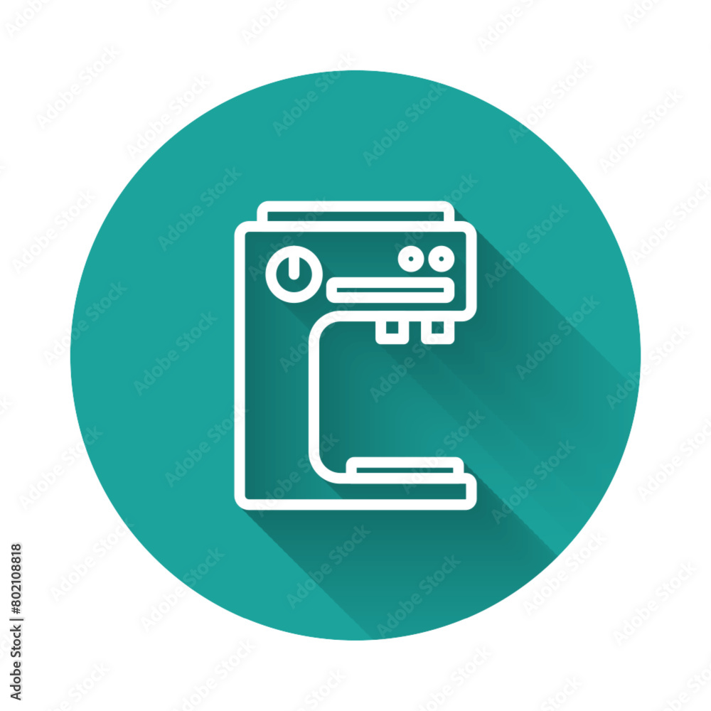 Poster white line coffee machine icon isolated with long shadow. green circle button. vector