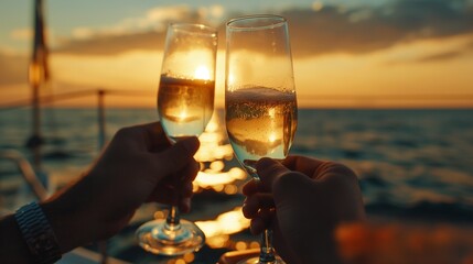 Guests enjoying a sunset cruise aboard a luxurious yacht, clinking glasses of champagne as they sail along the coastline.