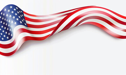 A waving American flag on a white background with stars and copy space for text area.