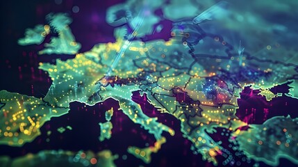 Abstract digital map of Western Europe, concept of European global network and connectivity,  - obrazy, fototapety, plakaty