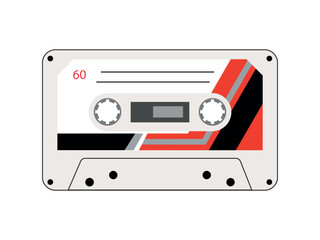 Plastic old cassette in flat style on a white background. Retro cassette of the 90s. Vintage cassette tape