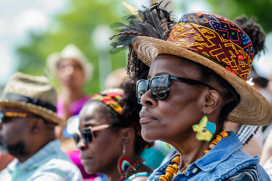 A woman wearing a hat and sunglasses is sitting in a crowd juneteenth day