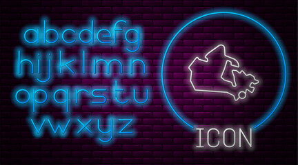 Glowing neon line Canada map icon isolated on brick wall background. Neon light alphabet. Vector