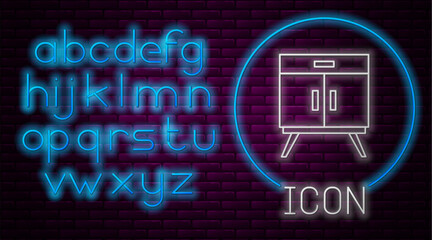 Glowing neon line Chest of drawers icon isolated on brick wall background. Neon light alphabet. Vector