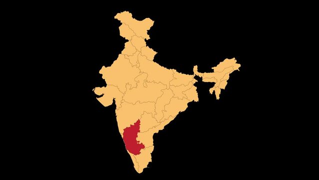 Karnataka map animated video. Karnataka location in India highlighted colour with transparent background in video format. Map animation video.