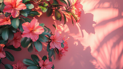 A pink flower garden with a pink wall in the background