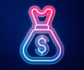 Glowing neon line Old money bag icon isolated on blue background. Cash Banking currency sign. Vector