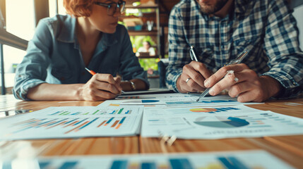Fototapeta premium Team discusses graphs.Collaborative Team Analyzing Financial Reports for Strategic Planning in a Casual Office Setting.