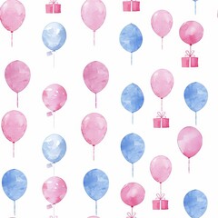 seamless watercolor birthday pattern. pastel balloons and gift boxes.