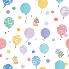 seamless watercolor birthday pattern. pastel balloons and gift boxes.