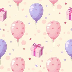 seamless watercolor birthday pattern. pastel balloons and gift boxes.