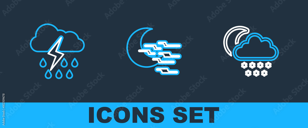 Poster set line cloud with snow and moon, rain lightning and fog icon. vector