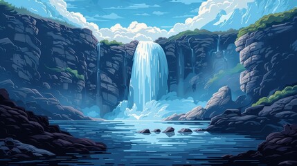 Minimalist Nature Waterfall: An illustration of a minimalist waterfall - obrazy, fototapety, plakaty