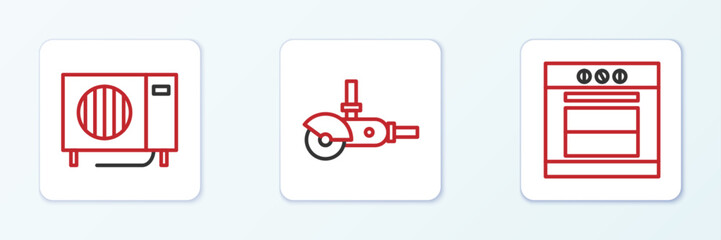 Set line Oven, Air conditioner and Angle grinder icon. Vector