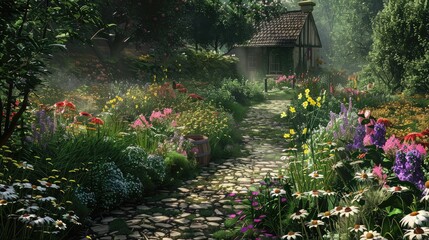 Cottage garden filled with wildflowers and winding pathways, evoking a sense of charm and nostalgia.