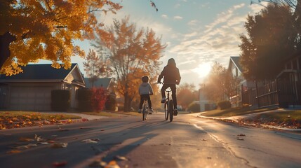 Parents teaching their child to ride a bike in a quiet suburban neighborhood.