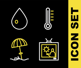 Set line Meteorology thermometer, Weather forecast, Sun protective umbrella beach and Water drop icon. Vector