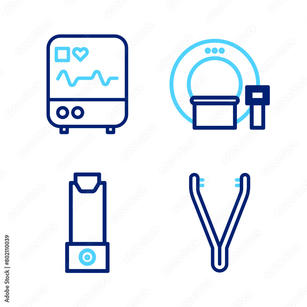 Poster Set line Medical tweezers, Inhaler, Tomography and Monitor with cardiogram icon. Vector