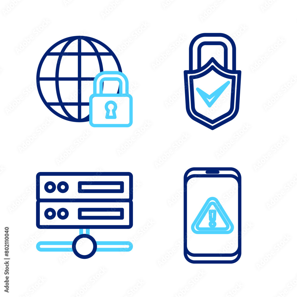 Poster set line mobile with exclamation mark, server, data, web hosting, lock and check and global lockdown
