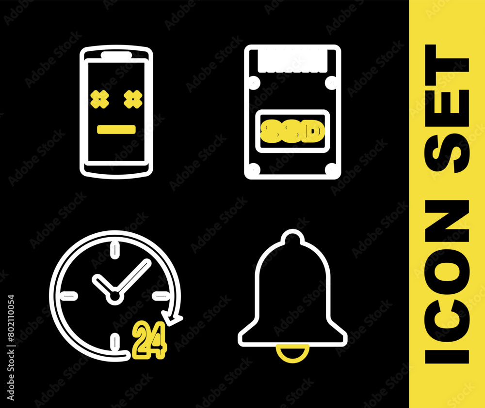 Canvas Prints set line ssd card, ringing bell, clock 24 hours and dead mobile icon. vector