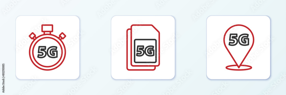 Poster set line location 5g network, digital speed meter and sim card icon. vector