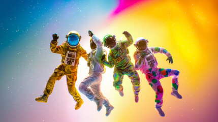 four astronauts dance on a white background with a vibrant yellow gradient, exuding brightness, fun, and spectacle in a dynamic display of movement and energy.