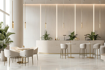 A modern, clean, and elegant restaurant with white walls and furniture